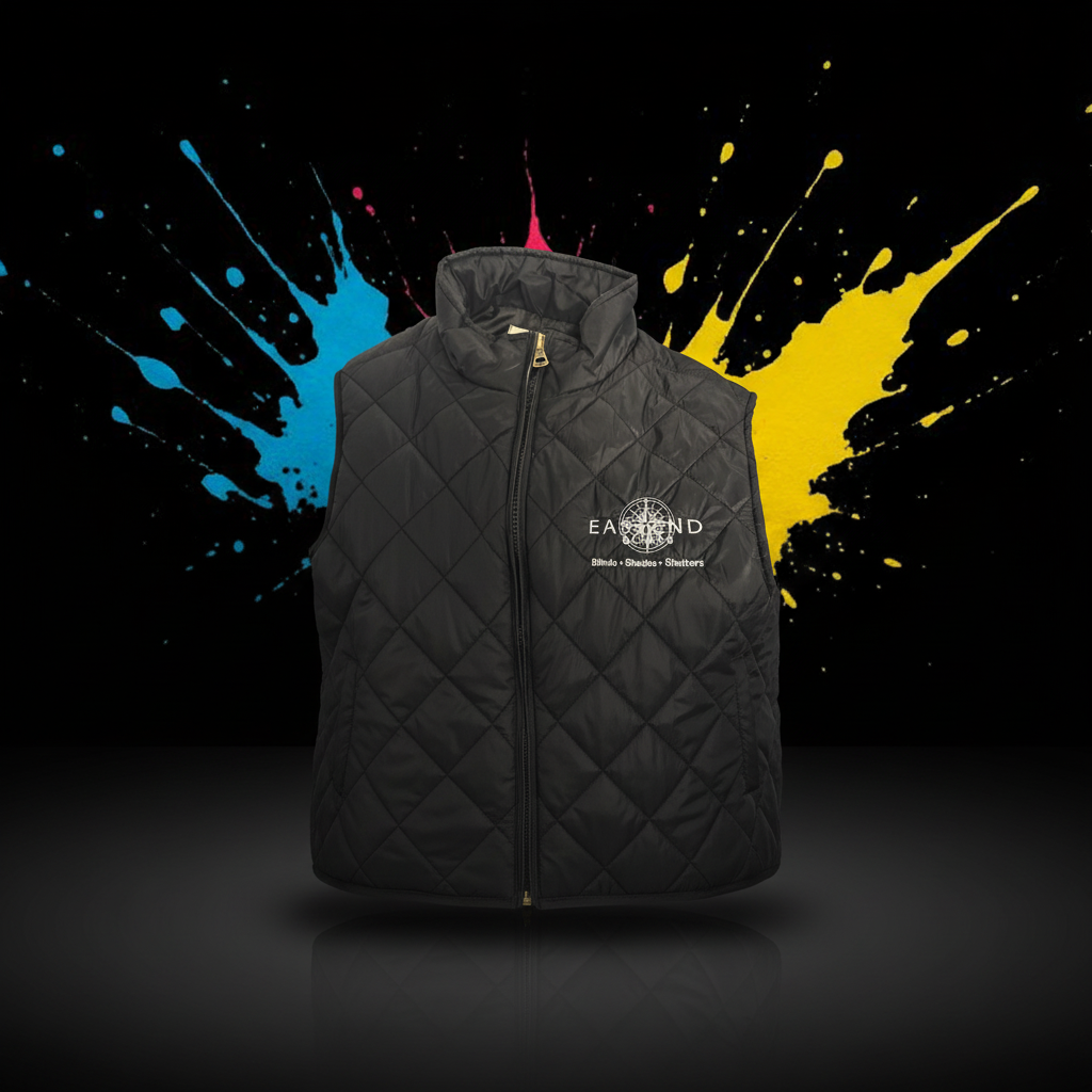 East End Blinds logo embroidered on black quilted vest