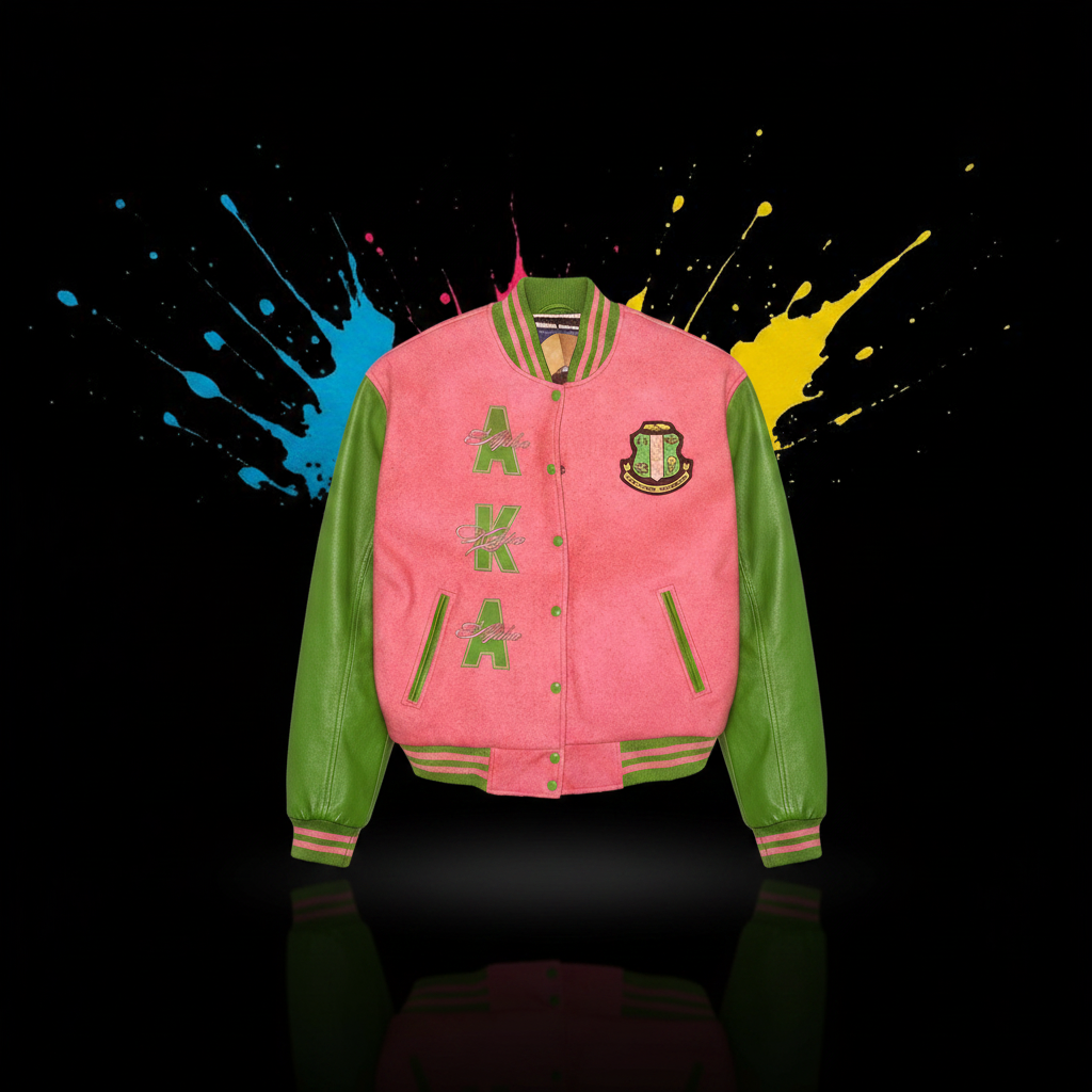 Alpha Kappa Alpha sorority pink and green varsity jacket with embroidery and DTF
