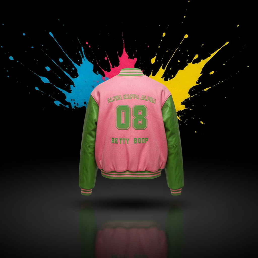 Betty Boop themed pink and green varsity jacket back with embroidery and DTF