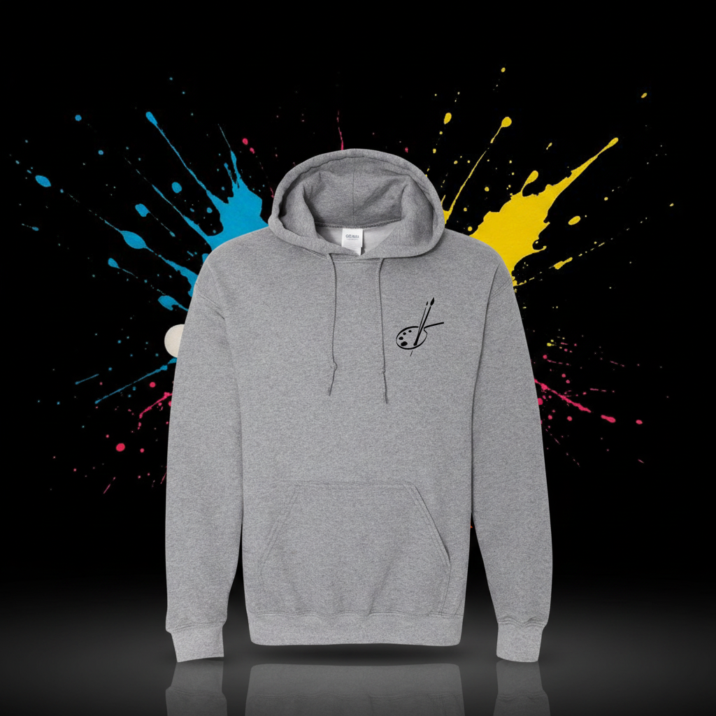 Embroidered color-palette logo on grey hoodie