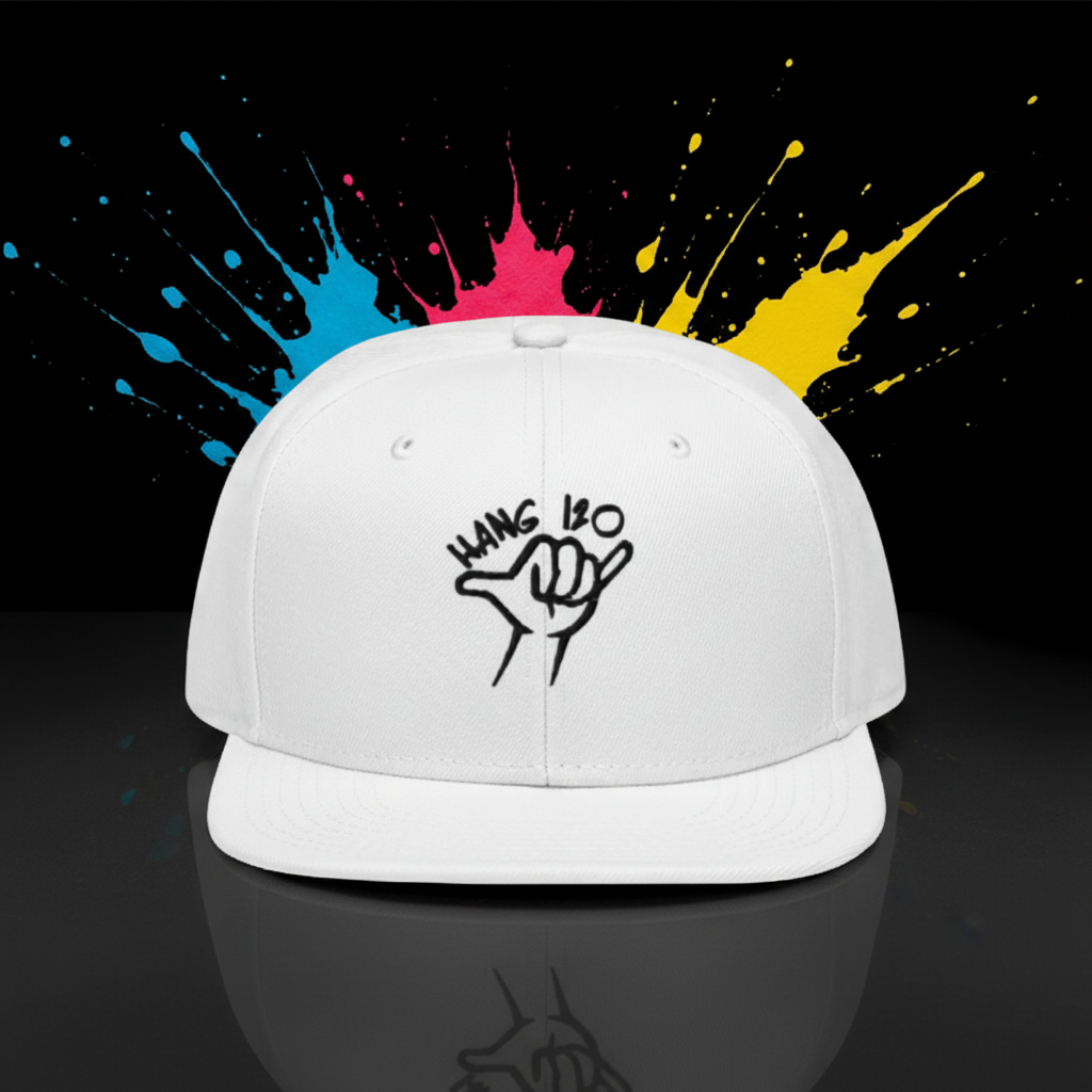 Hang 10 embroidered logo on white snapback hat