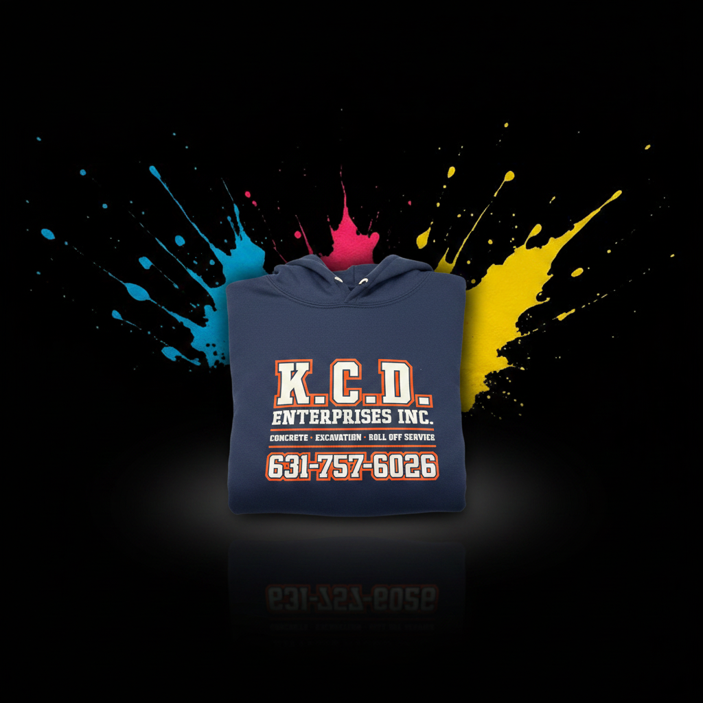 KCD Enterprises full-back embroidery on navy hoodie