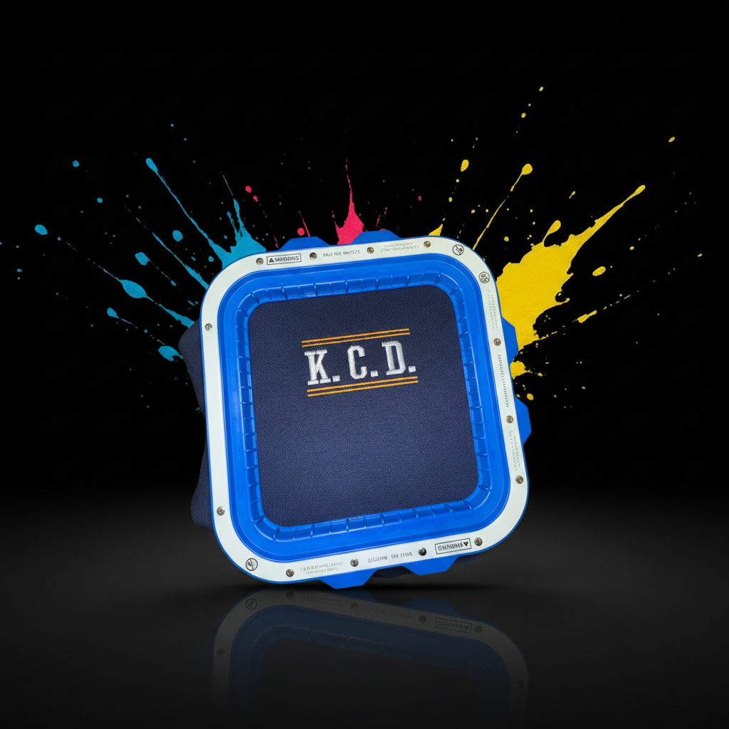 KCD Enterprises embroidered logo in production hoop