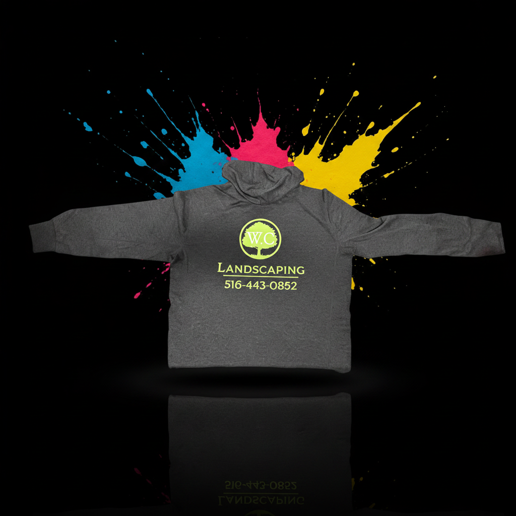 Embroidered landscaping uniform hoodie flat lay