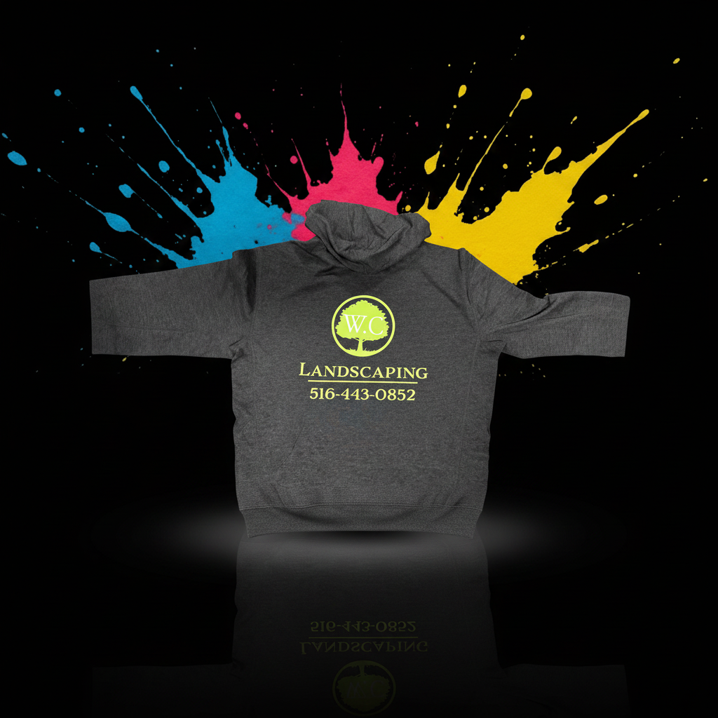 Embroidered landscaping uniform hoodie hung