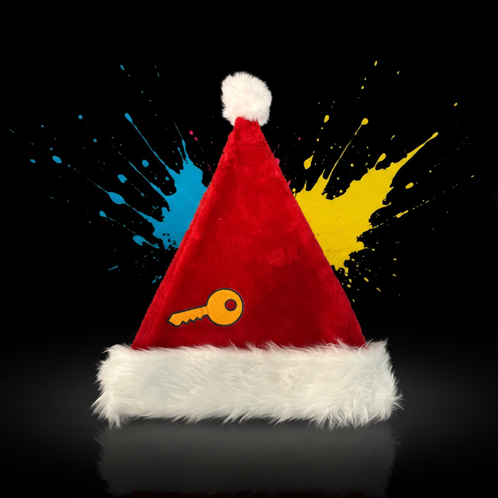 Embroidered red Santa hat with gold key motif