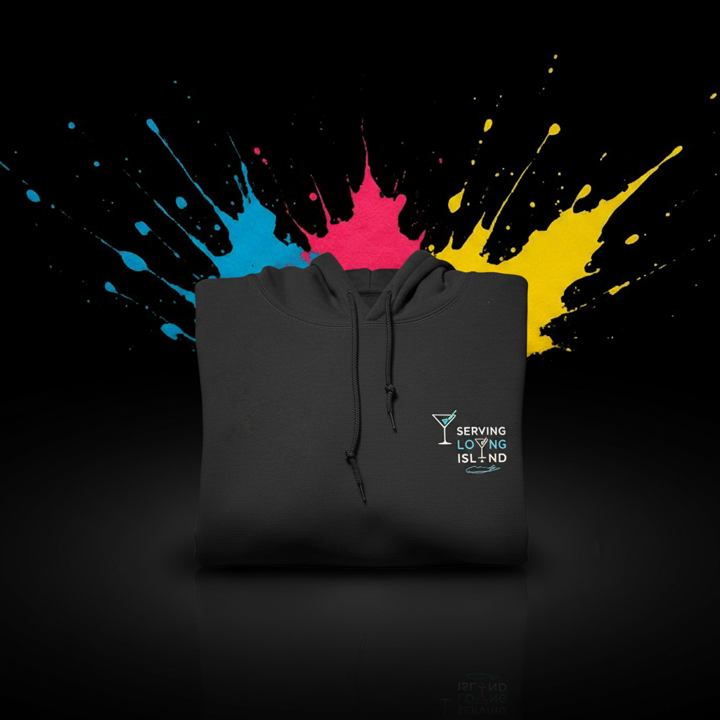 Serving Loving Island embroidered logo on black hoodie