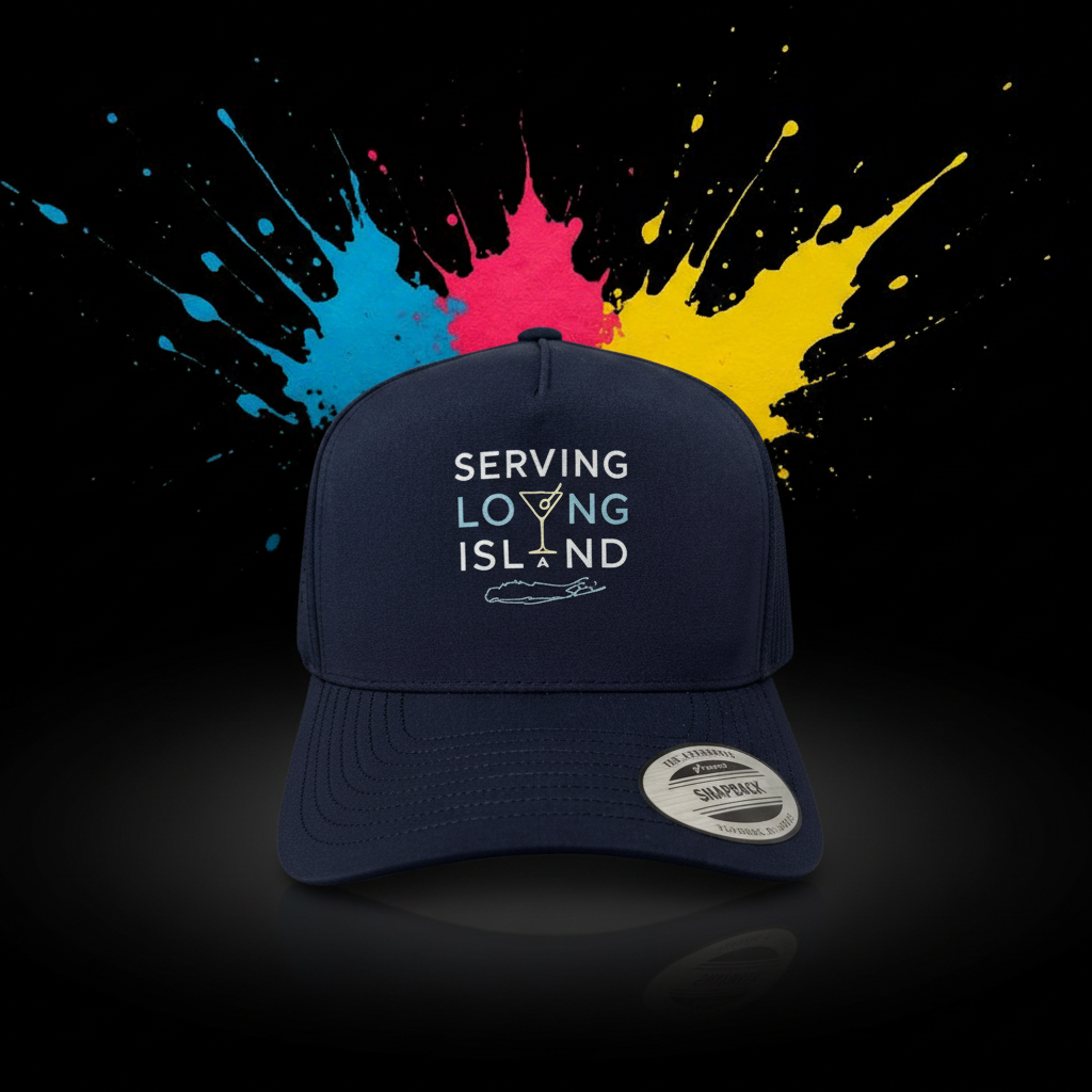 Serving Loving Island embroidered logo close-up on navy cap front