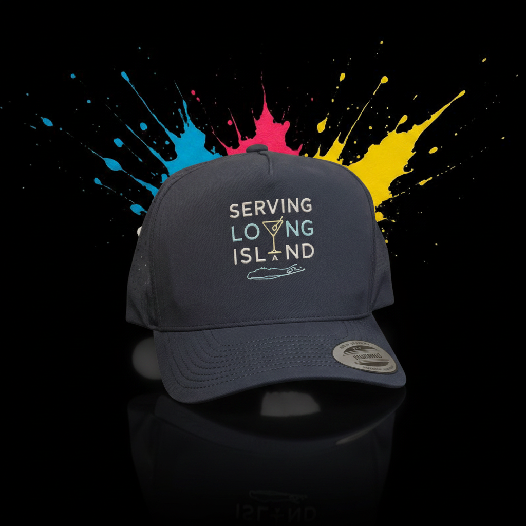 Serving Loving Island embroidered logo on navy curved-brim cap