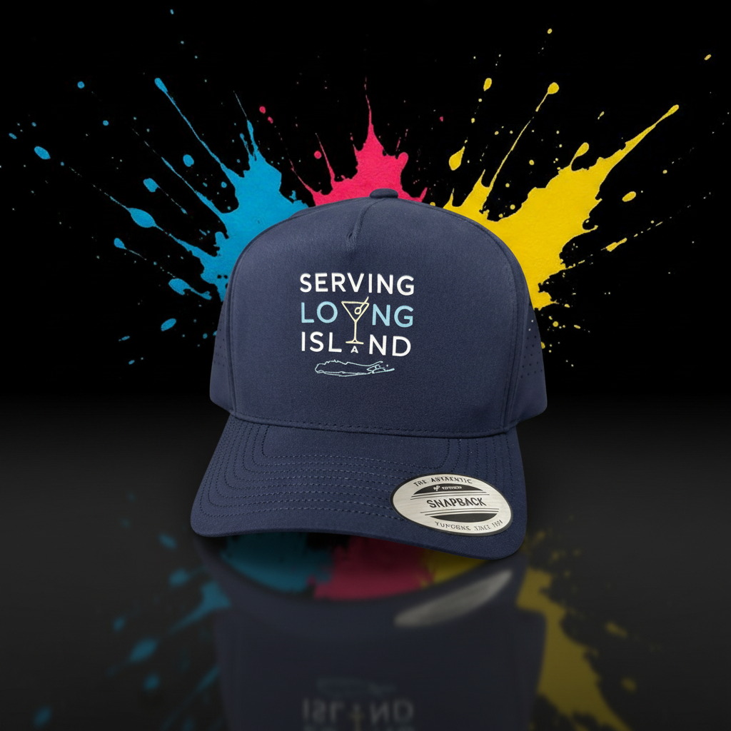 Serving Loving Island embroidered logo on navy snapback hat
