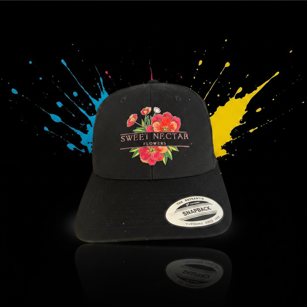 Sweet Nectar embroidered floral design on black cap
